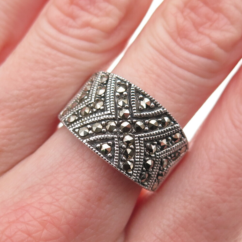 925 Sterling Silver Vintage Real Marcasite Oxidized Ring Size 8